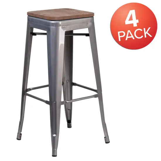 Merrick Lane Set of 4 Hamburg 30 Inch Tall Clear Coated Metal Bar Counter Stool With Textured Elm Wood Seat Clear Coated Gray {3}