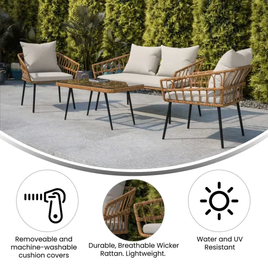 Merrick Lane Armon Four Piece Indoor/Outdoor Boho Open Weave Natural Rattan Rope Patio Set with Two Chairs, Loveseat and Table with Cushions Natural/Gray {2}