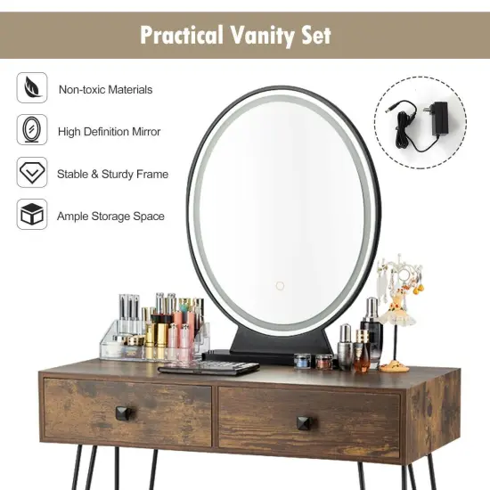 Makeup Dressing Table Included Soft Cushion Seat Stool with 3 Lighting Modes and 2 Large Drawers Rustic Brown {6}