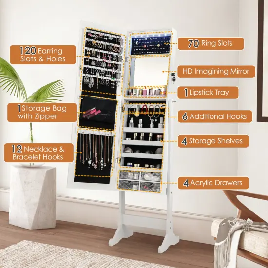 LED Lighted Jewelry Armoire with Full-Length Mirror White {5}