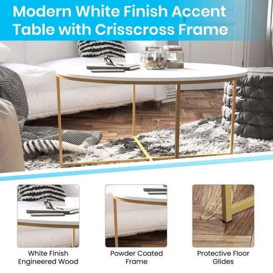 Merrick Lane Fairdale Coffee Table with Round Cross Brace Frame White/Brushed Gold {2}