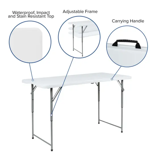 Emma and Oliver Height Adjustable Bi-Fold Plastic Folding Table with Carrying Handle Granite White {3}