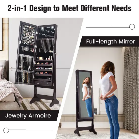 Lockable Mirrored Jewelry Cabinet with Stand and Led Lights-Brown {4}