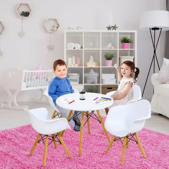 5 Piece Kids Modern Kids Round Table and Chairs Set with Backrests and Armrests Best Gift for Children White {5}
