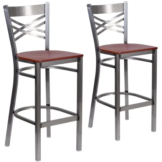 Emma and Oliver 2 Pack Clear Coated "X" Back Metal Restaurant Barstool BlackVYL/ClearCoated {6}