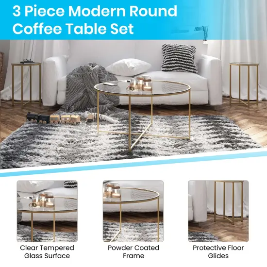 Merrick Lane Fairdale Round Coffee Table Set - 3 Piece Coffee Table Set with Crisscross Frame - Coffee Table & 2 End Tables Clear/Brushed Gold {2}
