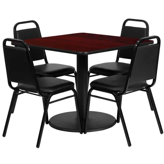 Emma and Oliver 36" Square Laminate Table Set with 4 Trapezoidal Banquet Chairs WalnutTop/BlackVinyl {3}