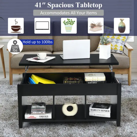 Lift Top Coffee Table with Storage Lower Shelf Black {1}