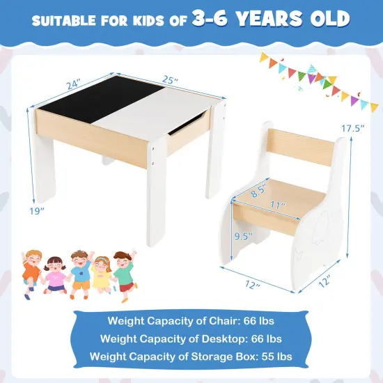 4-in-1 Wooden Activity Kids Table and Chairs with Storage and Detachable Blackboard-White {3}