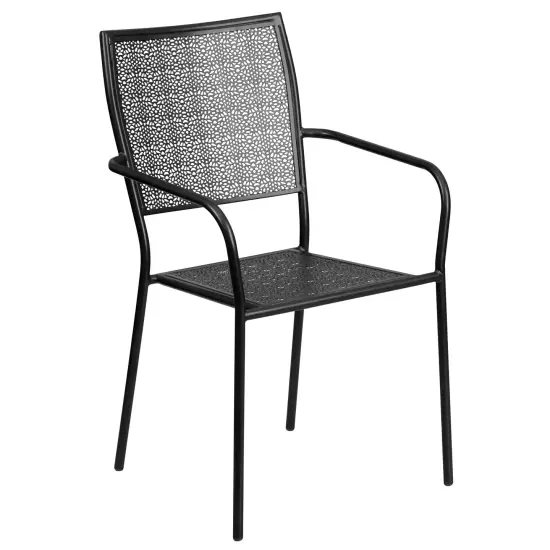Emma and Oliver Commercial Grade 35.25" Round Metal Garden Patio Table Set, 4 Square Back Chairs Black {4}