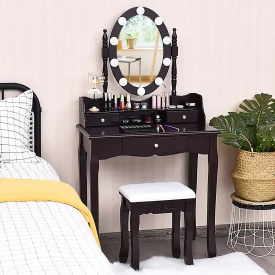 Oval Mirror Vanity Set with 10 LED Dimmable Bulbs and 3 Drawers-Brown {2}