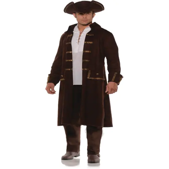 Men's Brown Pirate Captain Coat And Hat Set Costume {1}