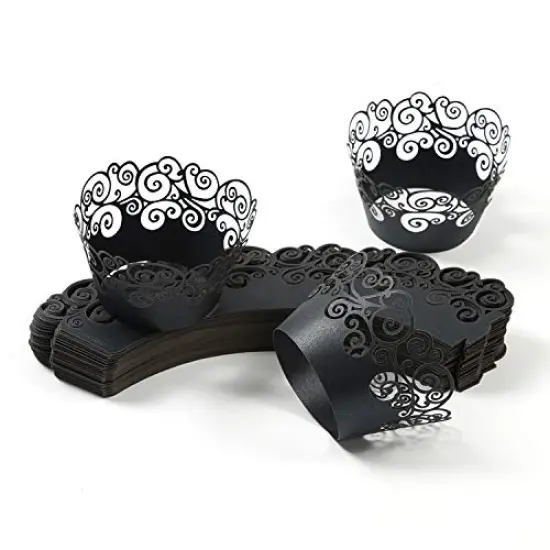 Cupcake Wrappers, KPOSIYA 50 Pack Cupcake Wraps Filigree Artistic Bake Cake Paper Cup Little Vine Laser Cut Liner Baking Cups Muffin Case Trays for Wedding Party Birthday Decoration (50, Black) {6}
