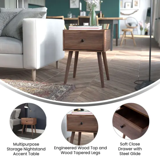 Emma and Oliver Beverly Mid-Century Modern Wooden Night Stand with Soft Close Drawer and Sleek Tapered Legs with Protective Floor Glides Dark Walnut {2}