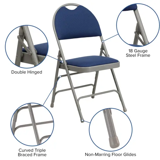 Emma and Oliver 2 Pack Home & Office Easy-Carry Party Events Padded Folding Chair NavyFabric/GrayFrame {2}