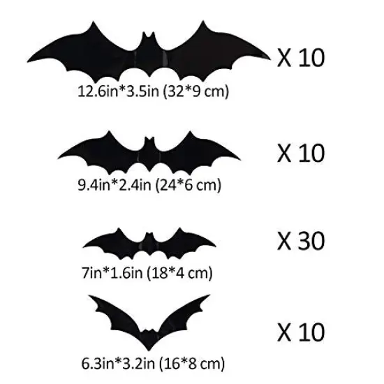 Coogam 60PCS Halloween Bats Decoration, 4 Different Sizes Realistic PVC Black 3D Scary Bat Sticker for Home Decor DIY Wall Decal Bathroom Indoor Hallowmas Party Supplies {3}