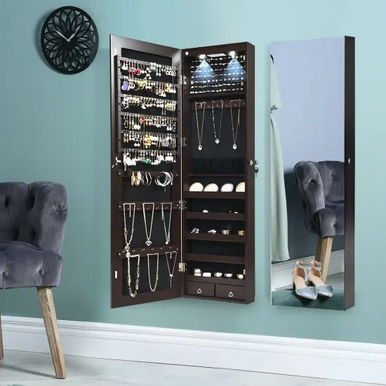 Wall and Door Mounted Mirrored Jewelry Cabinet with Lights Brown {5}