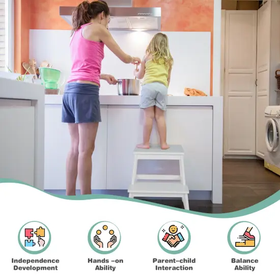 2-in-1 Multifunctional Wooden Kids Step Stool with Safety Guardrail and Wide Platform White {6}