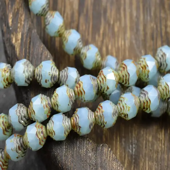 *15* 10x8mm Aqua Opaline Picasso Turbine Beads {2}
