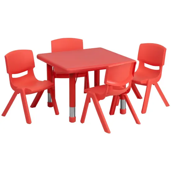 Emma and Oliver 24" Square Plastic Height Adjustable Activity Table Set with 4 Chairs Red {1}