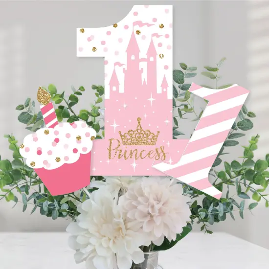 Big Dot of Happiness 1st Birthday Little Princess Crown - Pink and Gold Princess First Birthday Party Centerpiece Sticks - Table Toppers - Set of 15 {1}