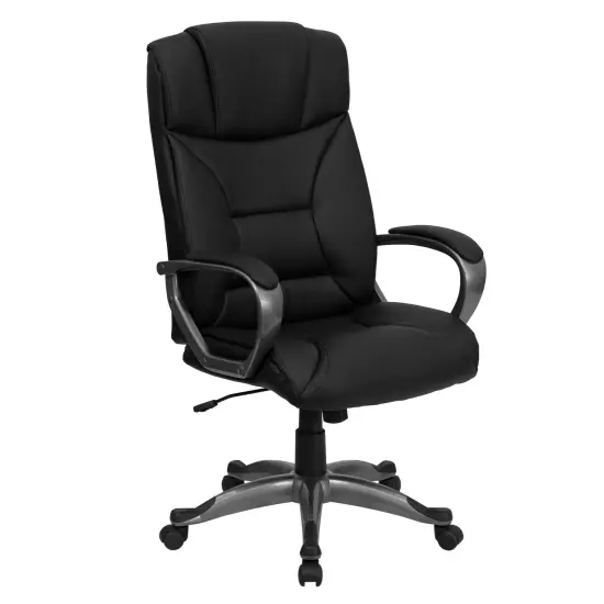 Emma and Oliver High Back Leather Executive Swivel Office Chair with Lip Edge Base and Arms Black {1}