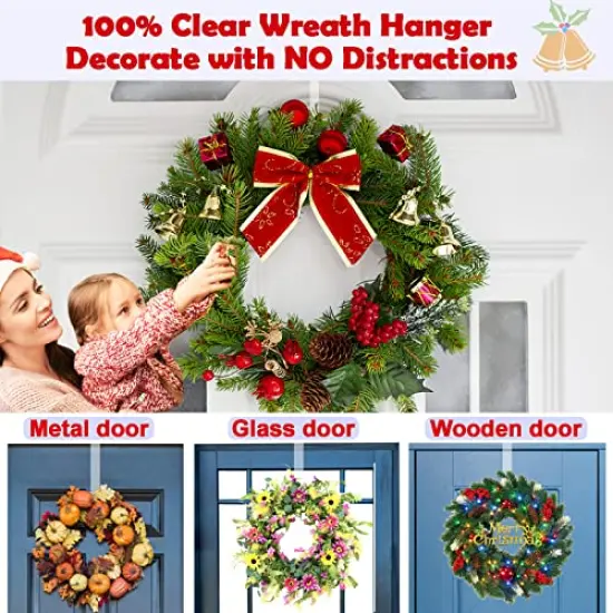Wreath Hanger,12&rdquo; Clear Wreath Hooks for Front Door,2 Pack Over the Door Easter Christmas Decoration Hangers Fall Halloween Wreaths holder,Non Scratch Wreath Hangers for Front Door D&eacute;cor Welcome Sign {6}