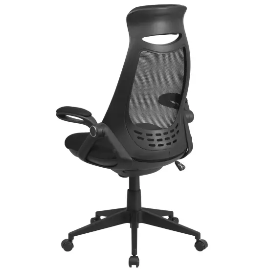 Emma and Oliver High Back Mesh Executive Swivel Office Chair with Flip-Up Arms Black Mesh {4}