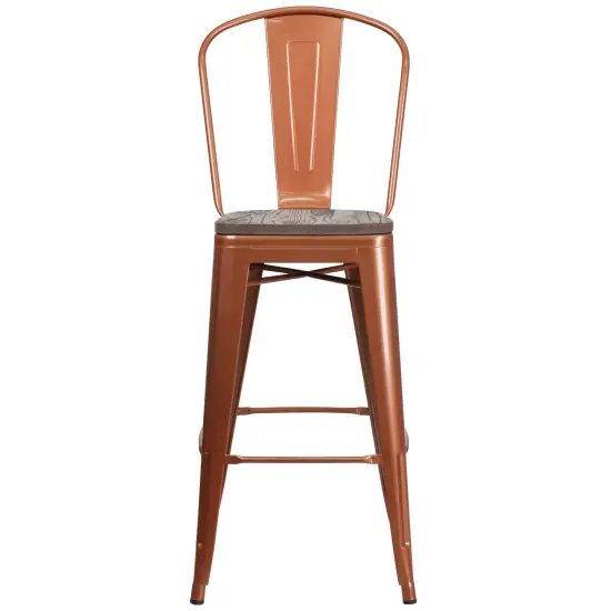 Merrick Lane Sarah 30" Metal Indoor-Outdoor Counter Stool with Vertical Slat Back, Integrated Footrest and Wood Seat Copper {2}