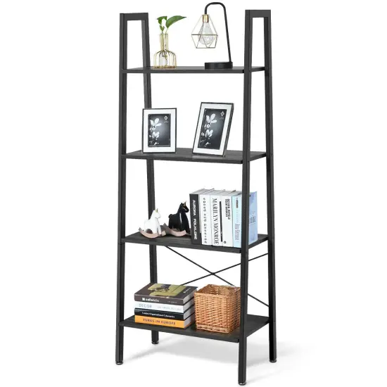 4-Tier Wood Ladder Shelf Display Rack with Metal Frame {5}