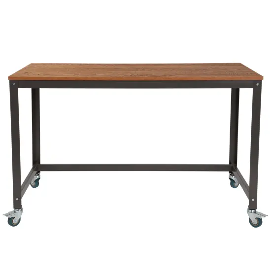 Emma and Oliver Computer Table and Desk in Wood Grain Finish with Metal Wheels Brown Oak {2}