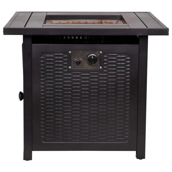 Emma and Oliver Calder 50,000 BTU Propane Fire Table with Wicker Motif Steel Base and Steel Tabletop with Included Lid, Lava Rocks, and Tank Holder Black {4}