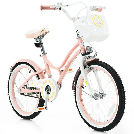 18 Inch Kids Adjustable Bike with Removable Training Wheels and Detachable Basket Pink {4}