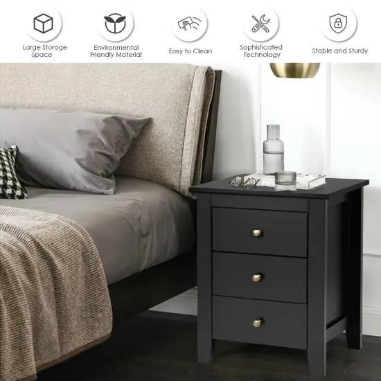2 pcs Nightstand End Beside Table Drawers Black {3}