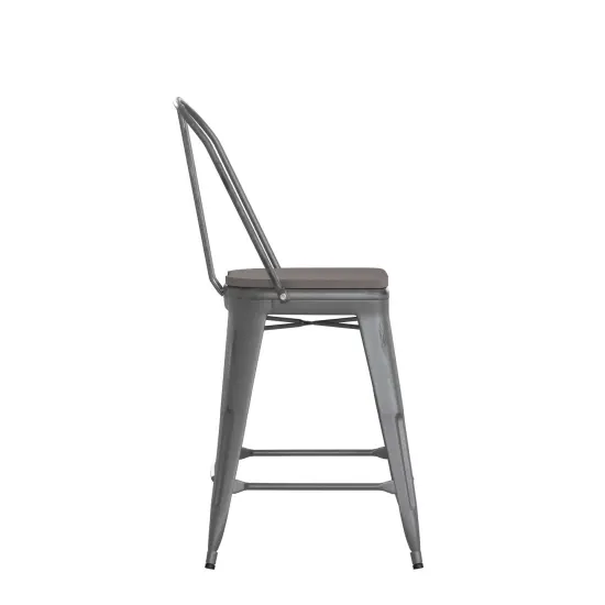 Emma and Oliver Grant Clear Coated Metal Stool with Backrest and Polyresin Seat for Indoor Use Only Clear Coated/Gray {5}