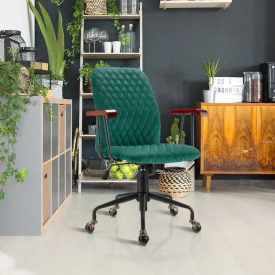 Velvet Home Office Chair with Wooden Armrest Green {6}