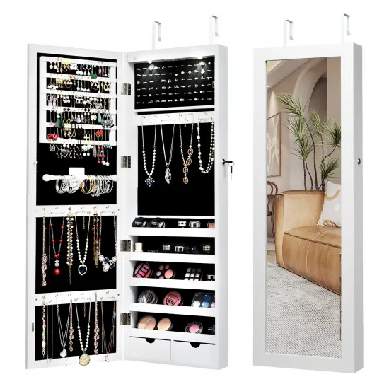 Lockable Wall Mount Mirrored Jewelry Cabinet with LED Lights White {1}