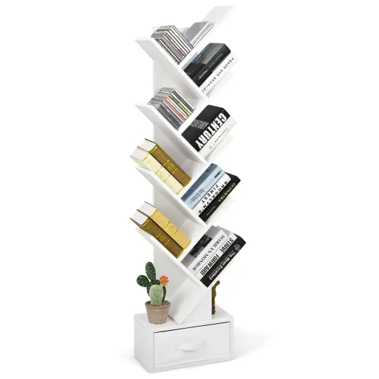 10-tier Tree Bookshelf with Drawer Free-standing Storage Bookcase White {3}