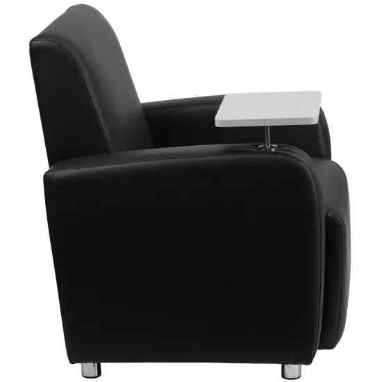Emma and Oliver Faux Leather Guest Chair with Tablet Arm, Chrome Legs and Cup Holder Black {5}