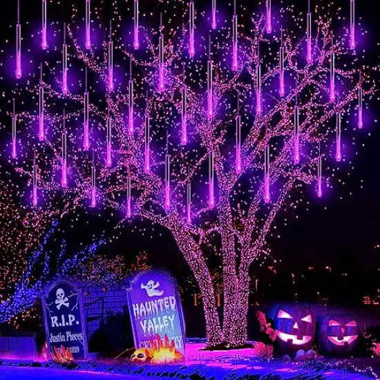 Halloween Lights Outdoor, Meteor Shower Lights 12 inch 8 Tubes Icicle Fairy String Lights for Halloween Christmas Decorations Tree Party Yard Outdoor, UL Plug, Purple Christmas Lights {2}