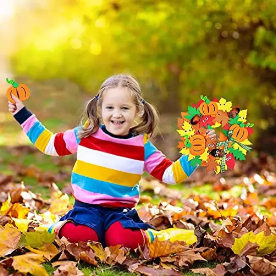 Supla 12 Kits 3D Pumpkin Fall Leaf Wreath Craft Kit DIY Thanksgiving Wreath with Maple Leaves Acorns Bows Wiggle Eyes for Kids Crafts Fall Thanksgiving Halloween Seasonal Decoration {6}