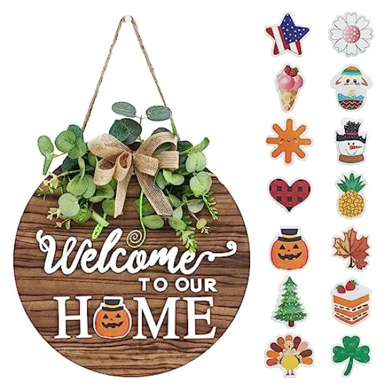 Interchangeable Seasonal Welcome Sign Front Door Decoration, Rustic Round Wood Wreaths Wall Hanging Outdoor, Farmhouse, Porch, for Spring Summer Fall All Seasons Holiday Halloween Christmas. {2}