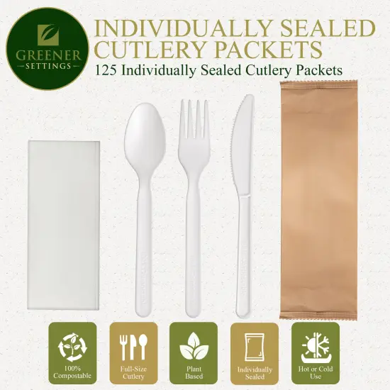 Compostable Disposable Plant Based Sealed Cutlery Packets (125 Sets) {3}