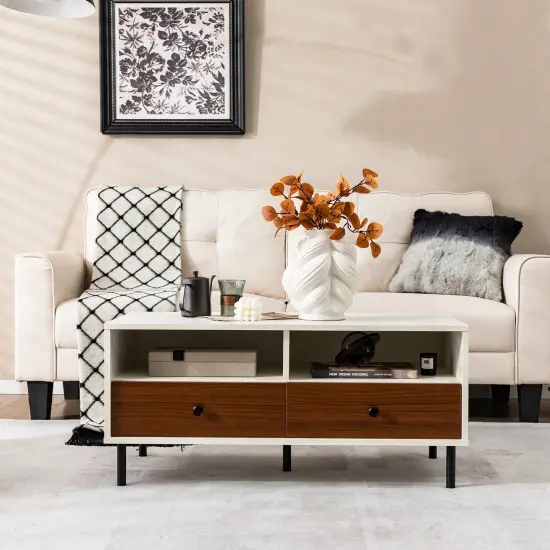 2 Tier 40 Inch Length Modern Rectangle Coffee Table with Storage Shelf and Drawers-White {3}