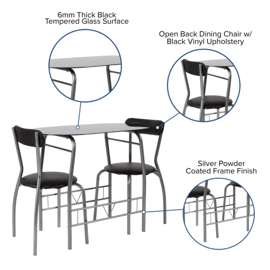 Emma and Oliver 3 Piece Space-Saver Glass Bistro Set with Vinyl Padded Chairs Black {2}