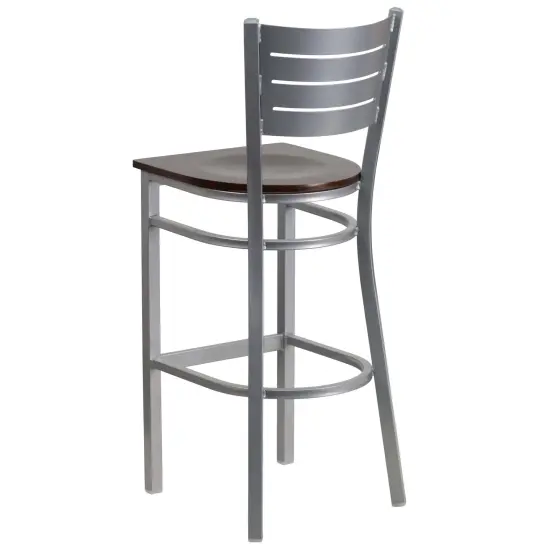 Emma and Oliver Silver Slat Back Metal Restaurant Dining Barstool WalnutWood/Silver {3}