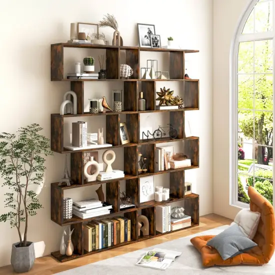 6 Tier S-Shaped Bookshelf Storage Display Bookcase Decor Z-Shelf Coffee {6}