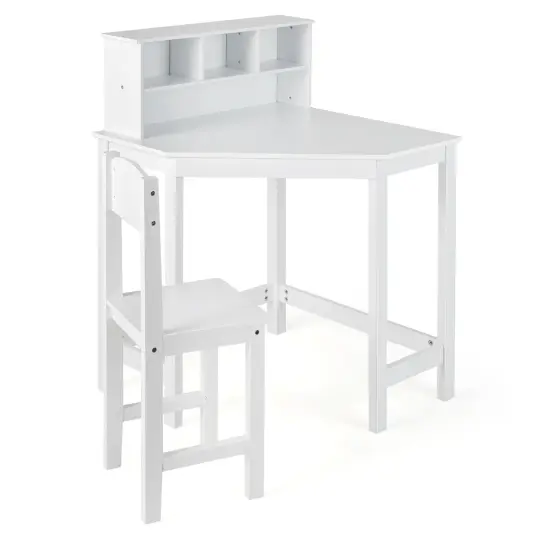 Kids Wooden Corner Desk and Chair Set with Hutch and Storage-White {4}