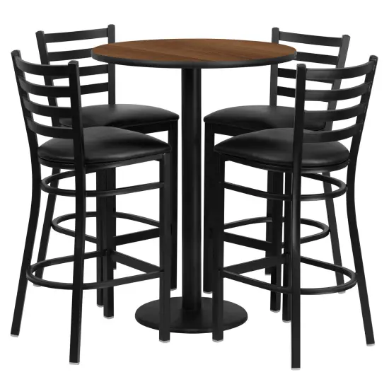 Emma and Oliver 30" Round Laminate Table Set with 4 Ladder Back Metal Stools WalnutTop/BlackVinyl {1}