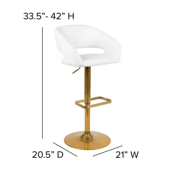 Merrick Lane Rothko Modern Bar Stool Rounded Mid-Back Stool With Height Adjustable Swivel Seat WhiteVinyl/GoldFrame {6}